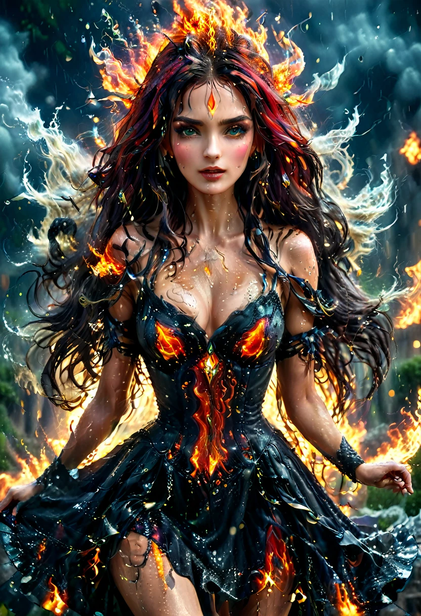 a sorceress of fire making fire dance in a the (storm of rain: 1.3), a most exquisite beautiful sorceress, controlling fire manipulating fire, a woman, dynamic hair color, dynamic hair style, (most beautiful face: 1.3), (ultra detailed face: 1.2), wet hair, wet face, dynamic eyes color, full body shot, wearing dress made of fire, wearing intricate high heels, light make up, dancing in courtyard of a fantasy castle background, ((heavy rain drops: 1.1)), clouds in the sky, (anatomically correct: 1.4), (full body shot: 1.1) , vibrant, Ultra-high resolution, High Contrast, (masterpiece:1.5), highest quality, Best aesthetics), best details, best quality, highres, ultra wide angle, 16k, [ultra detailed], masterpiece, best quality, (extremely detailed), faize, Intense gaze, goth person