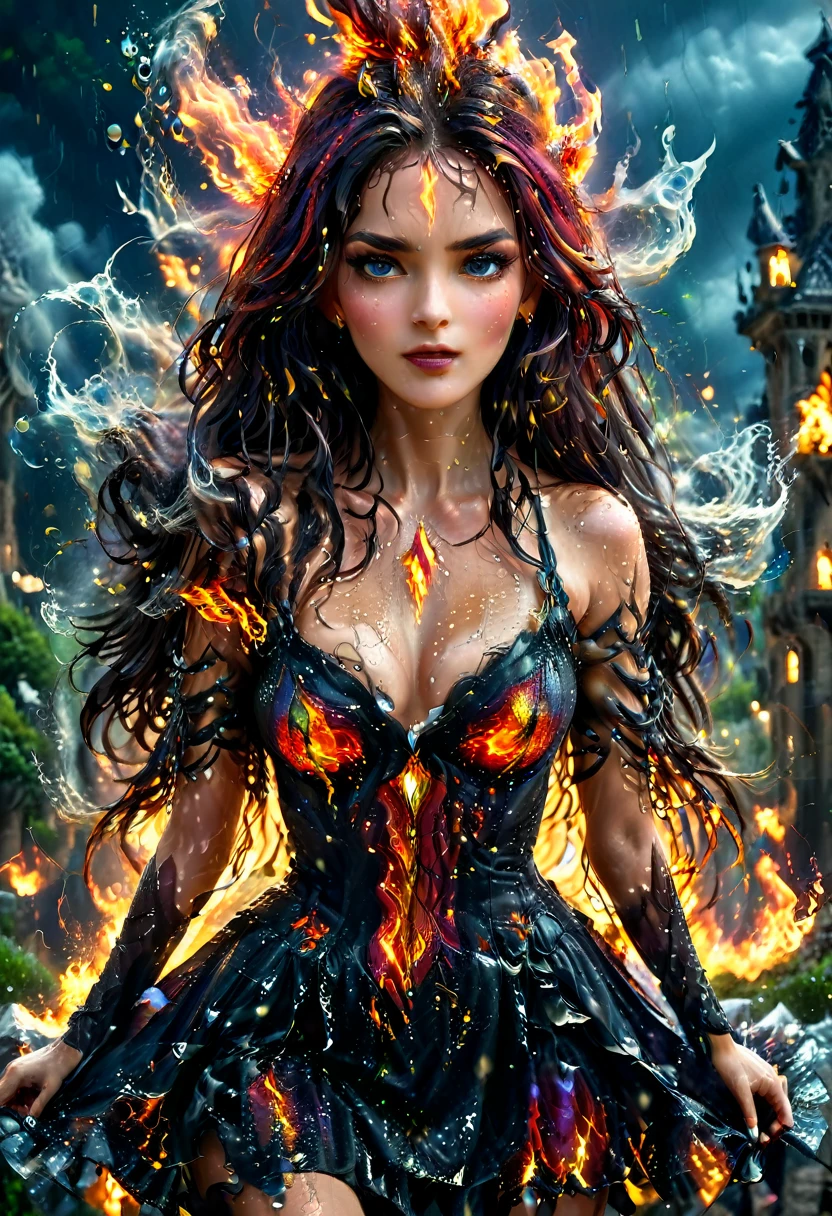 a sorceress of fire making fire dance in a the (storm of rain: 1.3), a most exquisite beautiful sorceress, controlling fire manipulating fire, a woman, dynamic hair color, dynamic hair style, (most beautiful face: 1.3), (ultra detailed face: 1.2), wet hair, wet face, dynamic eyes color, full body shot, wearing dress made of fire, wearing intricate high heels, light make up, dancing in courtyard of a fantasy castle background, ((heavy rain drops: 1.1)), clouds in the sky, (anatomically correct: 1.4), (full body shot: 1.1) , vibrant, Ultra-high resolution, High Contrast, (masterpiece:1.5), highest quality, Best aesthetics), best details, best quality, highres, ultra wide angle, 16k, [ultra detailed], masterpiece, best quality, (extremely detailed), faize, Intense gaze, goth person