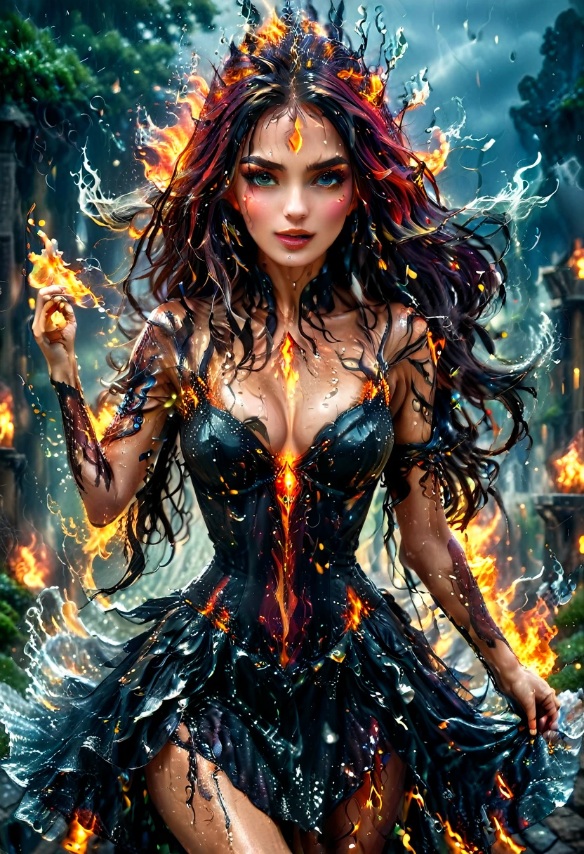 a sorceress of fire making fire dance in a the (storm of rain: 1.3), a most exquisite beautiful sorceress, controlling fire manipulating fire, a woman, dynamic hair color, dynamic hair style, (most beautiful face: 1.3), (ultra detailed face: 1.2), wet hair, wet face, dynamic eyes color, full body shot, wearing dress made of fire, wearing intricate high heels, light make up, dancing in courtyard of a fantasy castle background, ((heavy rain drops: 1.1)), clouds in the sky, (anatomically correct: 1.4), (full body shot: 1.1) , vibrant, Ultra-high resolution, High Contrast, (masterpiece:1.5), highest quality, Best aesthetics), best details, best quality, highres, ultra wide angle, 16k, [ultra detailed], masterpiece, best quality, (extremely detailed), faize, Intense gaze, goth person