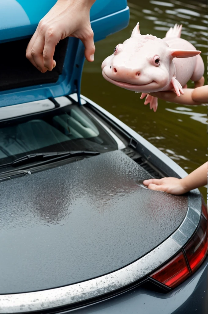 An animated axolotl washing a car