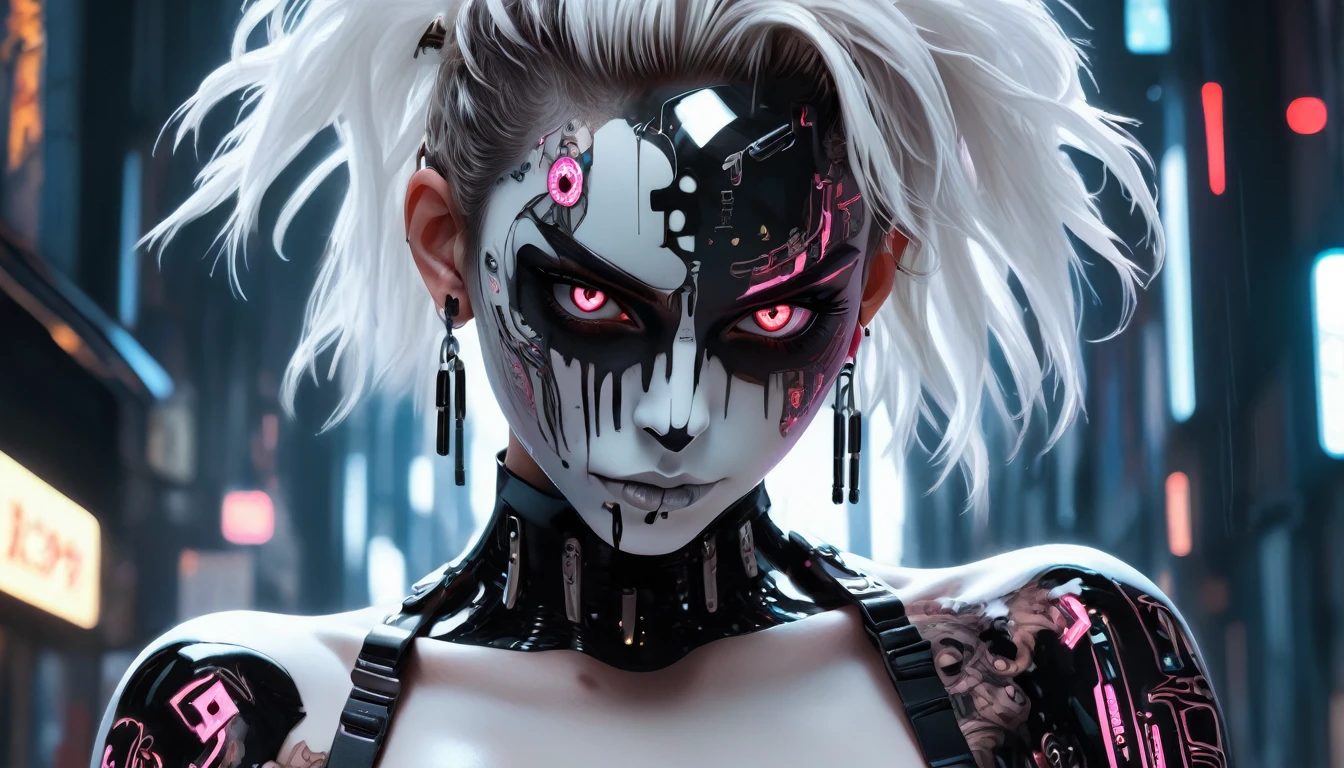 anime artwork, commercial portrait, (full body shot:1.6), cyberpunk style, 1girl, white face paint, black bleeding mascara, perfect anatomy, posing for the camera, stunningly beautiful, perfect face, glowing eyes, intricate details, ultra-realistic, high saturation, cinematic light, 35mm raw photo, nsfw, art by j.c. leyendecker