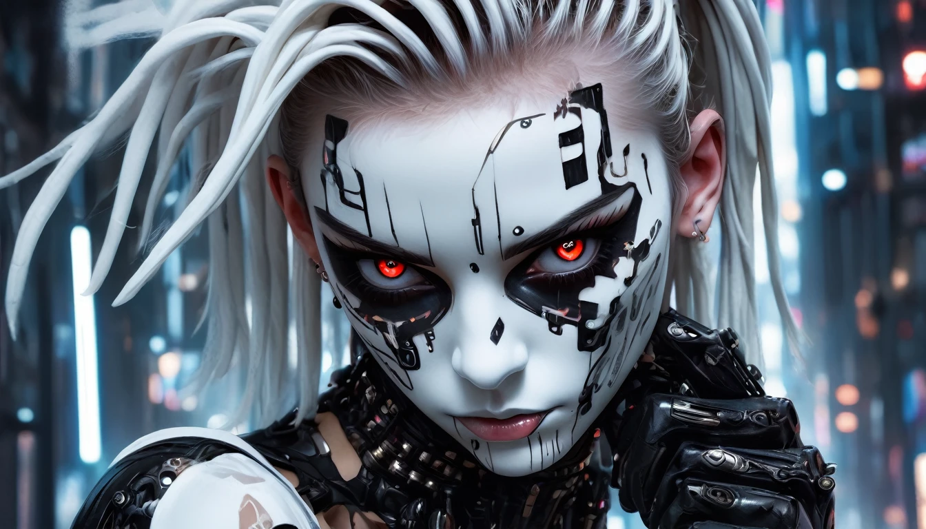 anime artwork, commercial portrait, (full body shot:1.6), cyberpunk style, 1girl, white face paint, black bleeding mascara, perfect anatomy, posing for the camera, stunningly beautiful, perfect face, glowing eyes, intricate details, ultra-realistic, high saturation, cinematic light, 35mm raw photo, nsfw, art by j.c. leyendecker