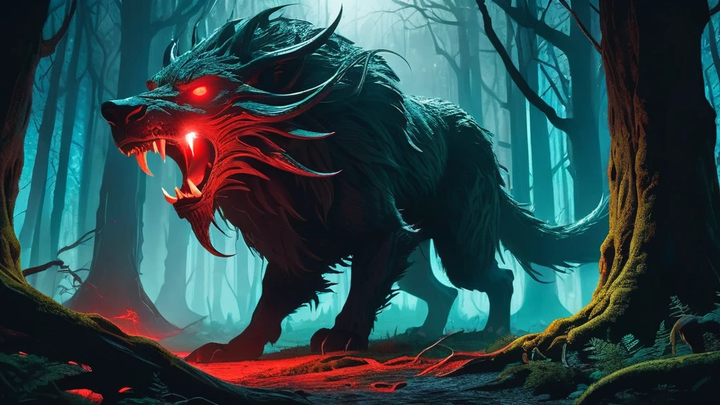 Create an eerie and captivating image of a lone lycan standing amidst a dense, ancient forest. The lycan should possess a formidable and otherworldly appearance, with glowing red eyes that pierce through the darkness. Its body is alien and monstrous, blending bestial features with subtle hints of a supernatural origin.
The forest itself should be portrayed in a dark medieval fantasy style, with towering trees twisted into gnarled shapes and tangled roots that seem to reach out like grasping claws. Moonlight filters through the thick canopy above, casting ethereal shadows and highlighting patches of moss and eerie luminescent fungi on the forest floor.
The atmosphere is thick with mystery and foreboding, as if ancient legends and dark secrets lurk within the depths of the forest. The lycan, a creature of primal instinct and unearthly power, stands as a sentinel in this realm of shadows, embodying the raw and untamed essence of the wilderness in a world where magic and darkness intertwine.