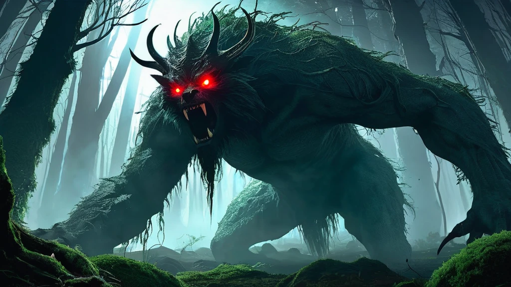 Create an eerie and captivating image of a lone lycan standing amidst a dense, ancient forest. The lycan should possess a formidable and otherworldly appearance, with glowing red eyes that pierce through the darkness. Its body is alien and monstrous, blending bestial features with subtle hints of a supernatural origin.

The forest itself should be portrayed in a dark medieval fantasy style, with towering trees twisted into gnarled shapes and tangled roots that seem to reach out like grasping claws. Moonlight filters through the thick canopy above, casting ethereal shadows and highlighting patches of moss and eerie luminescent fungi on the forest floor.

The atmosphere is thick with mystery and foreboding, as if ancient legends and dark secrets lurk within the depths of the forest. The lycan, a creature of primal instinct and unearthly power, stands as a sentinel in this realm of shadows, embodying the raw and untamed essence of the wilderness in a world where magic and darkness intertwine.