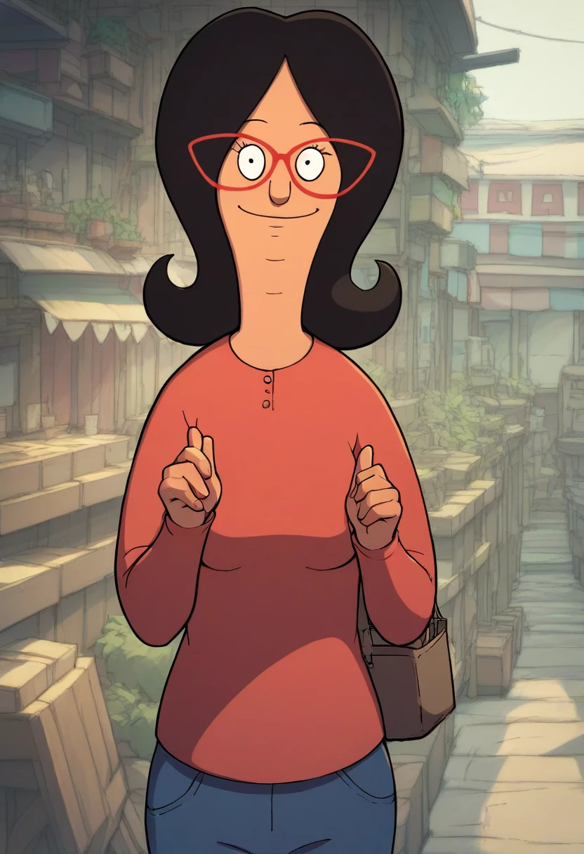 linda, 1girl, black hair, solo, glasses, red-framed eyewear, smile, red shirt, looking at viewer, long sleeves, pants, score_9, score_8_up, score_7_up, score_6_up,looking at viewer,  zPDXLxxx