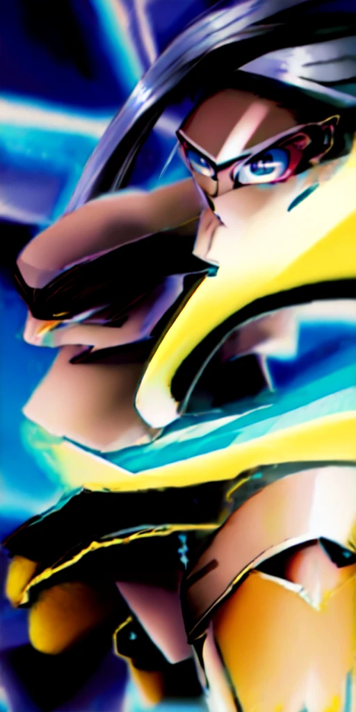 1 girl, hourglass body, body filled in the right parts, normal eye, perfect lighting, dark hair, slickedback hair, long hair, jade eyes, side lighting, face detailed, shining skin, brunette skin, simple background, darkness background, futuristic costume, Bright costume, made from a deep blue metallic material with silver luminous patterns, a fitted and aerodynamic design, standing out for its elegance and sophistication, anime styling, My Hero Academia traits 