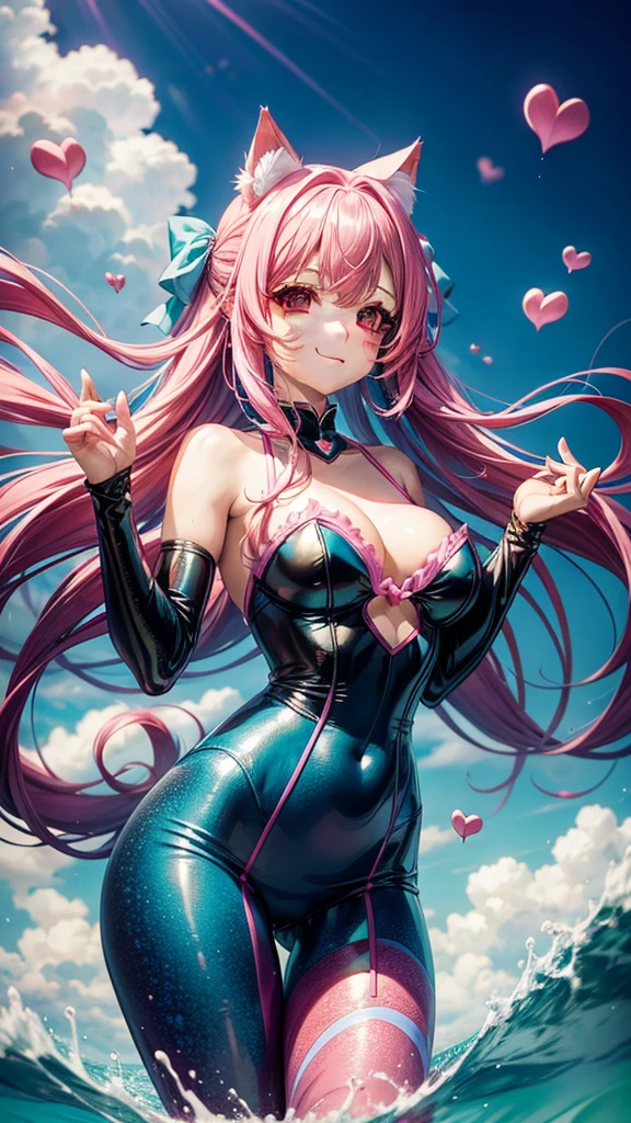 Bright pink  hair, pink eyes, woman, teal blue gold clothes, hair bows, happy face, mermaid outfit, sexy, cat ears, hearts, floating hearts, thigh up, thigh high tights,  long hair