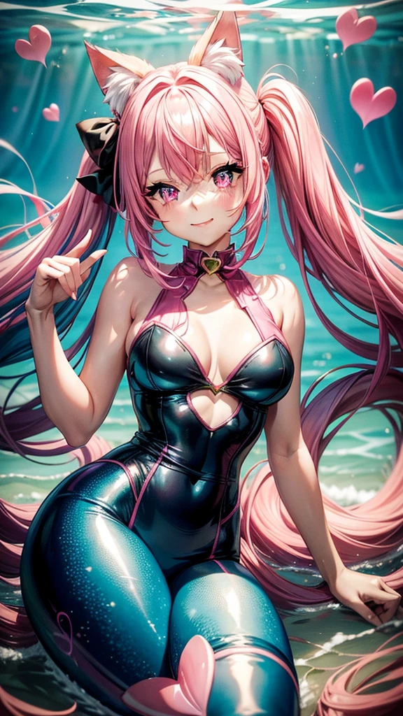 Bright pink hair, pink eyes, woman, teal blue gold clothes, hair bows, happy face, mermaid outfit, sexy, cat ears, hearts, floating hearts, thigh up, thigh high tights, long hair
