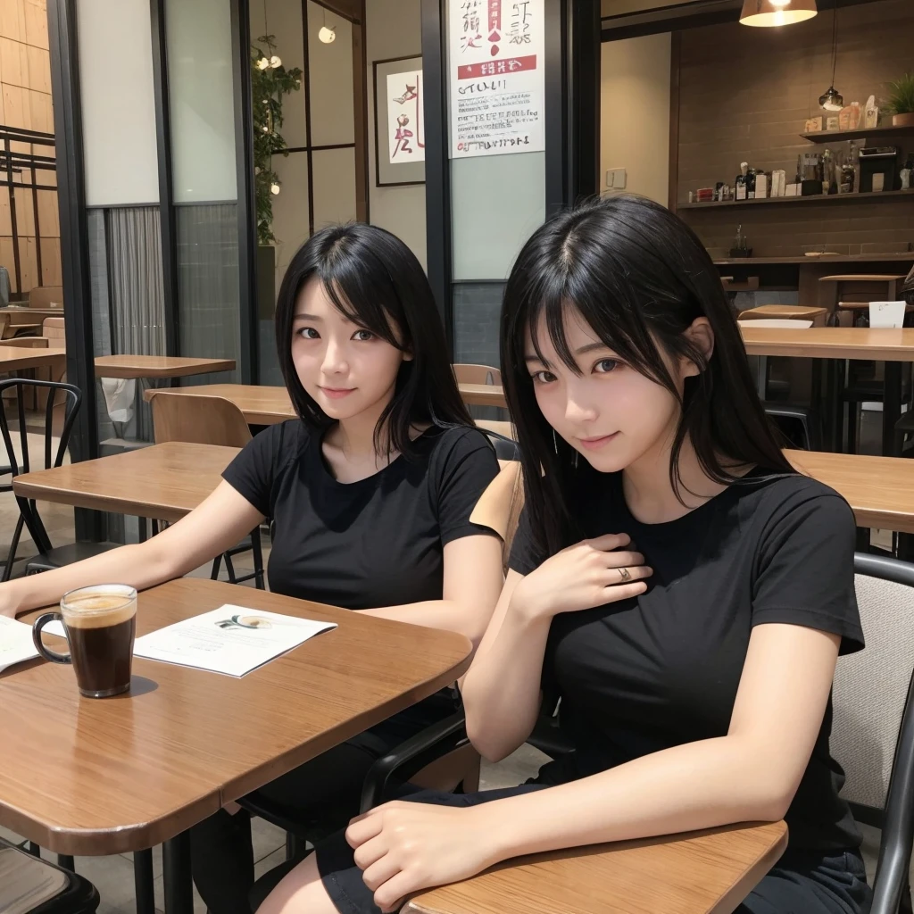 Japanese women、20th Generation、Medium hair with black hair、Cafe table seating、Face-to-face angles、Black T-shirt、My breasts are a little large