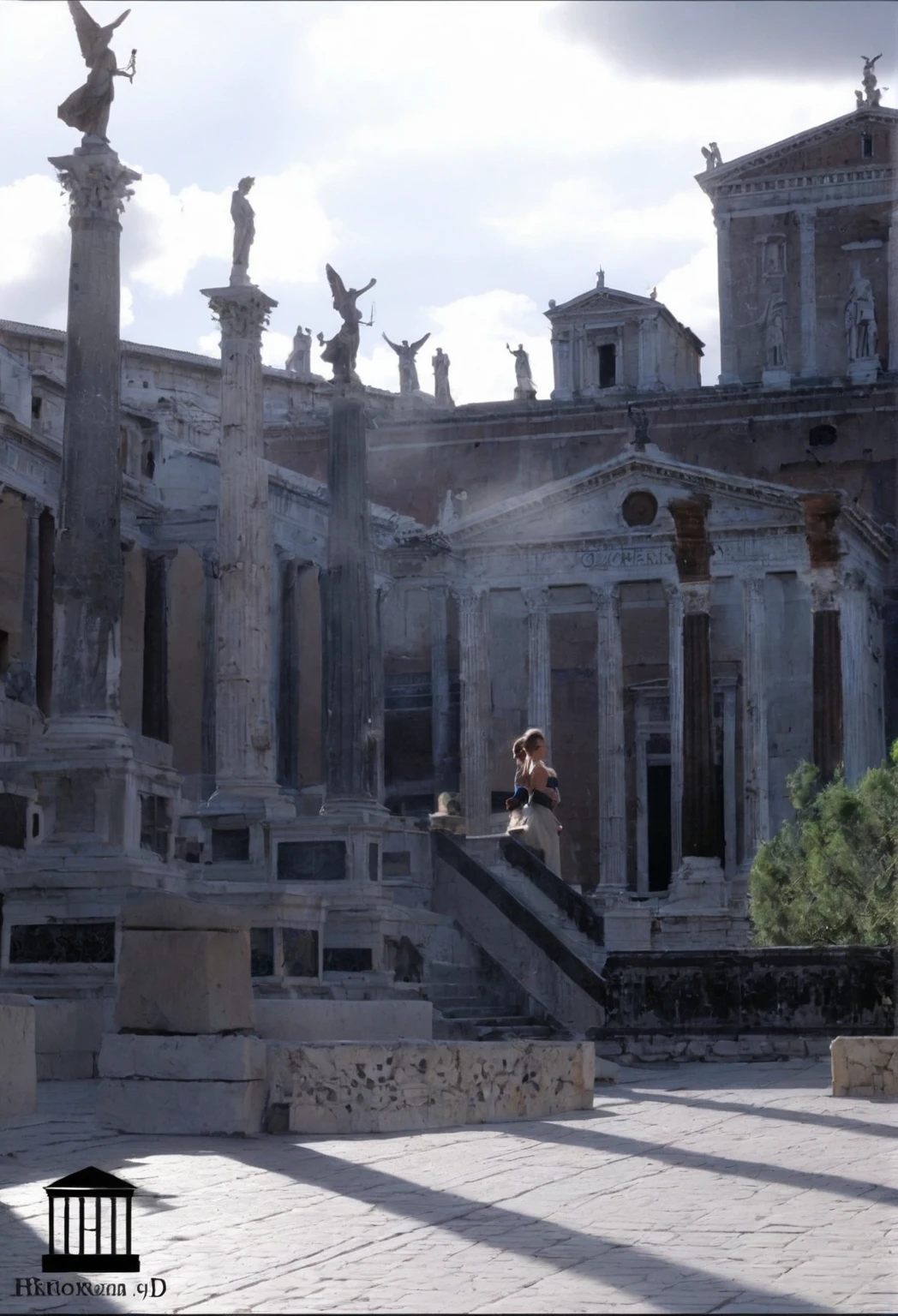 arafed woman standing in front of a building in a city, ruins in the background, rome in background, standing before ancient ruins, ancient ruins in the background, rome backdrop, rome, city ruins in the background, marble columns in background, at an ancient city, ancient roman setting, catacomb in background, roman monuments, young handsome pale roma