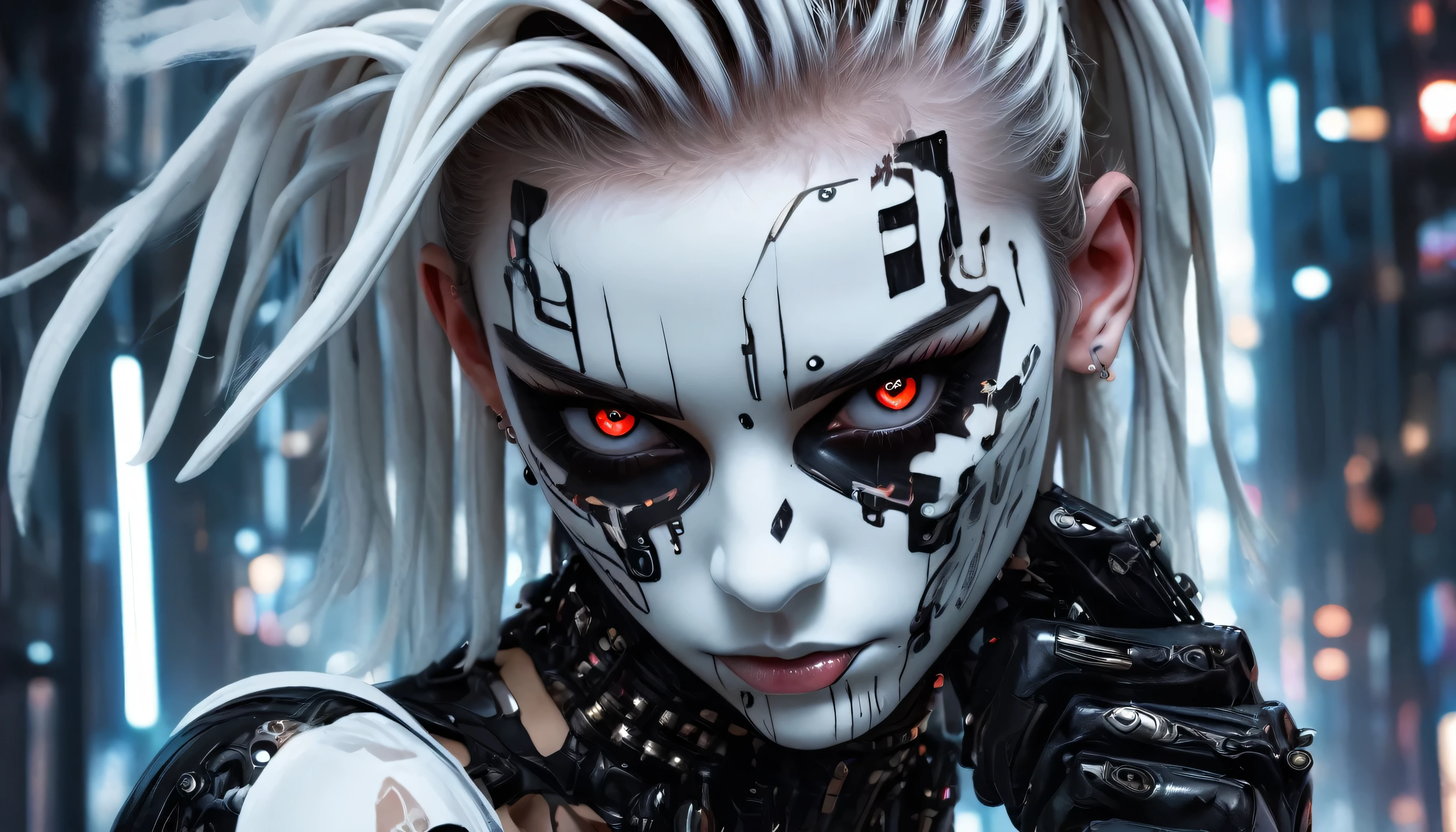 anime artwork, commercial portrait, (full body shot:1.6), cyberpunk style, 1girl, white face paint, black bleeding mascara, perfect anatomy, posing for the camera, stunningly beautiful, perfect face, glowing eyes, intricate details, ultra-realistic, high saturation, cinematic light, 35mm raw photo, nsfw, art by j.c. leyendecker