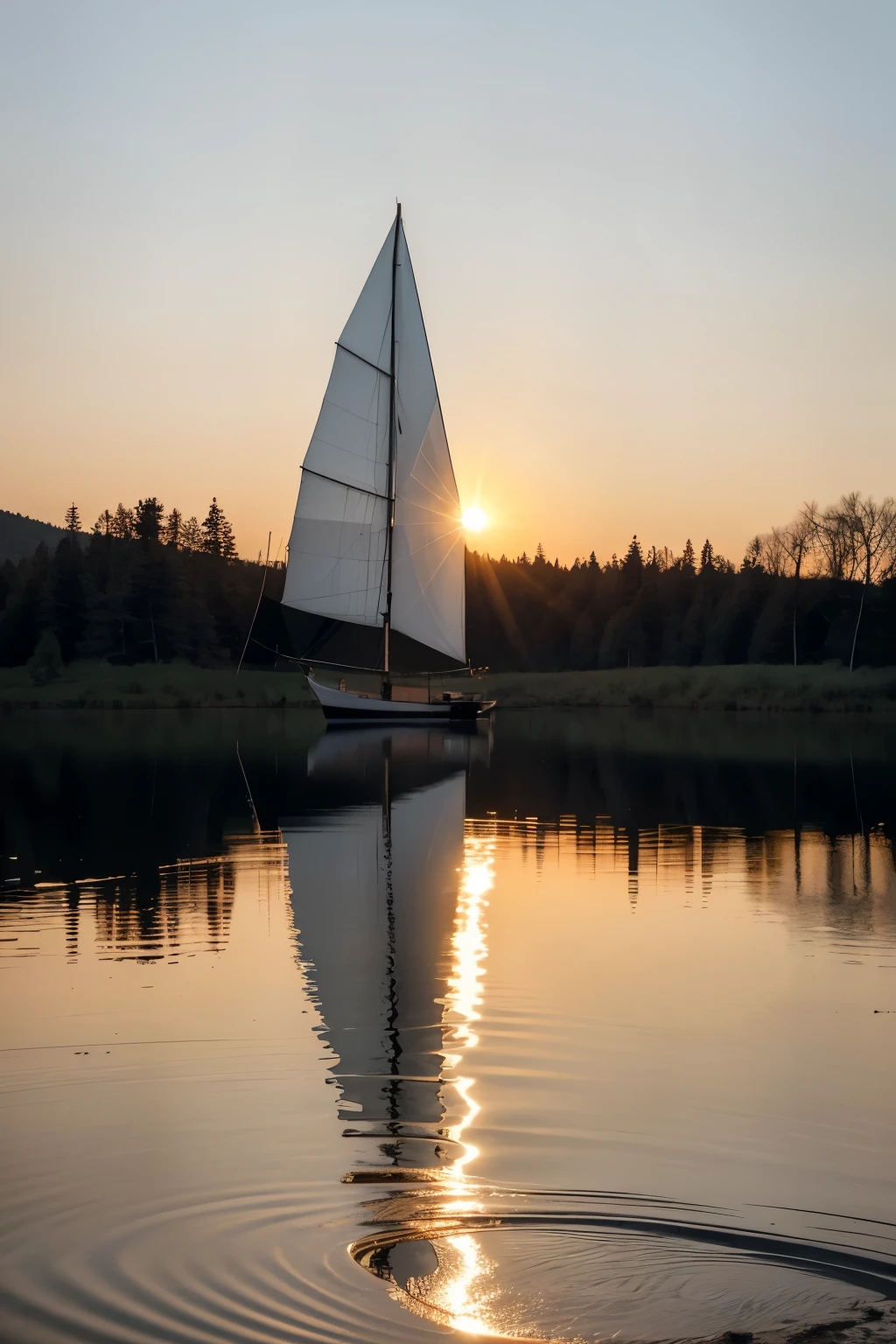 Gaze at the serene scene of a lake mirroring the evening sky, where a lone figure on the shore watches the golden reflection of the setting sun. Explore what this image evokes: the calm of the moment, the person's introspection before the vastness of nature, and the stories that unfold in the tranquility of the scene.