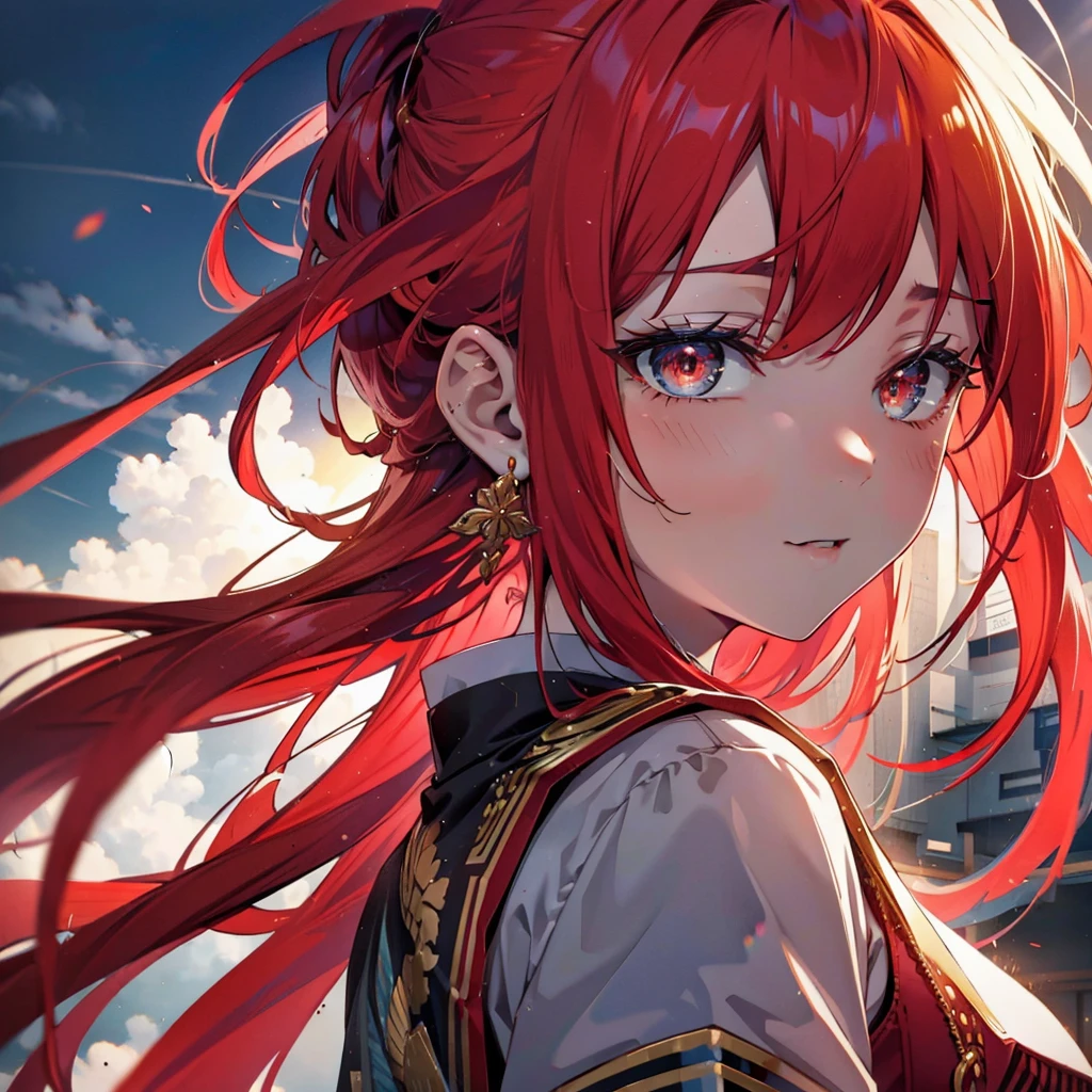 Ryuubedon, eyes RED AND GOLD, wicatalyst, red Hair, red and gold eyes,Long Hair,peitos grandes, happy smile, smile, Open your mouth, Oversized black y-shirt,Big Breasts,black skinny pants,Stiletto heels,morning,morning陽,The sun is rising,walking,whole bodyがイラストに入るように,Looking up from below,
break looking at viewer,whole body,
break outdoors, In town,
break (masterpiece:1.2), highest quality, High resolution, unity 8k wallpaper, (figure:0.8), (Beautiful fine details:1.6), Highly detailed face, Perfect lighting, Highly detailed CG, (Perfect hands, Perfect Anatomy),