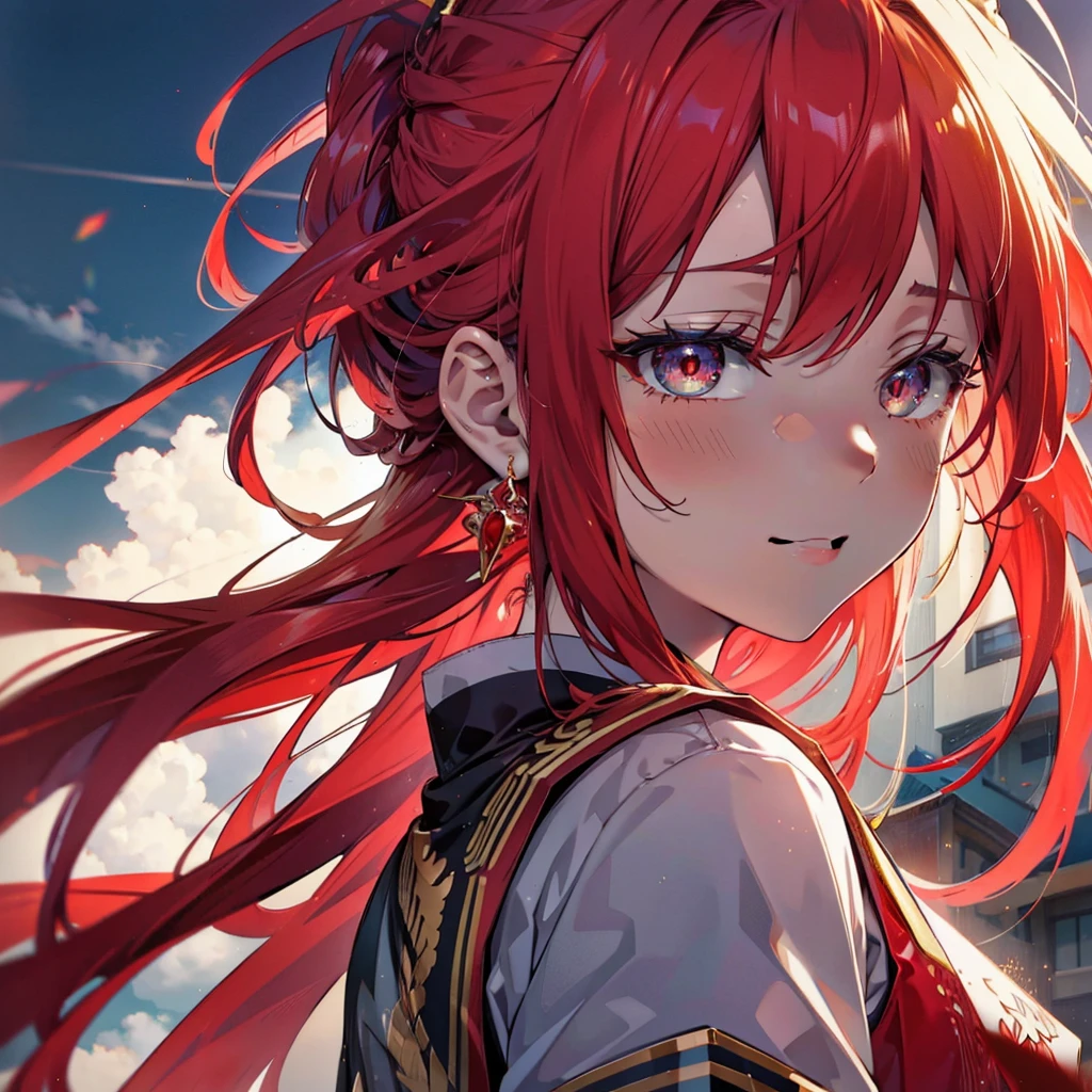 Ryuubedon, eyes RED AND GOLD, wicatalyst, red Hair, red and gold eyes,Long Hair,peitos grandes, happy smile, smile, Open your mouth, Oversized black y-shirt,Big Breasts,black skinny pants,Stiletto heels,morning,morning陽,The sun is rising,walking,whole bodyがイラストに入るように,Looking up from below,
break looking at viewer,whole body,
break outdoors, In town,
break (masterpiece:1.2), highest quality, High resolution, unity 8k wallpaper, (figure:0.8), (Beautiful fine details:1.6), Highly detailed face, Perfect lighting, Highly detailed CG, (Perfect hands, Perfect Anatomy),