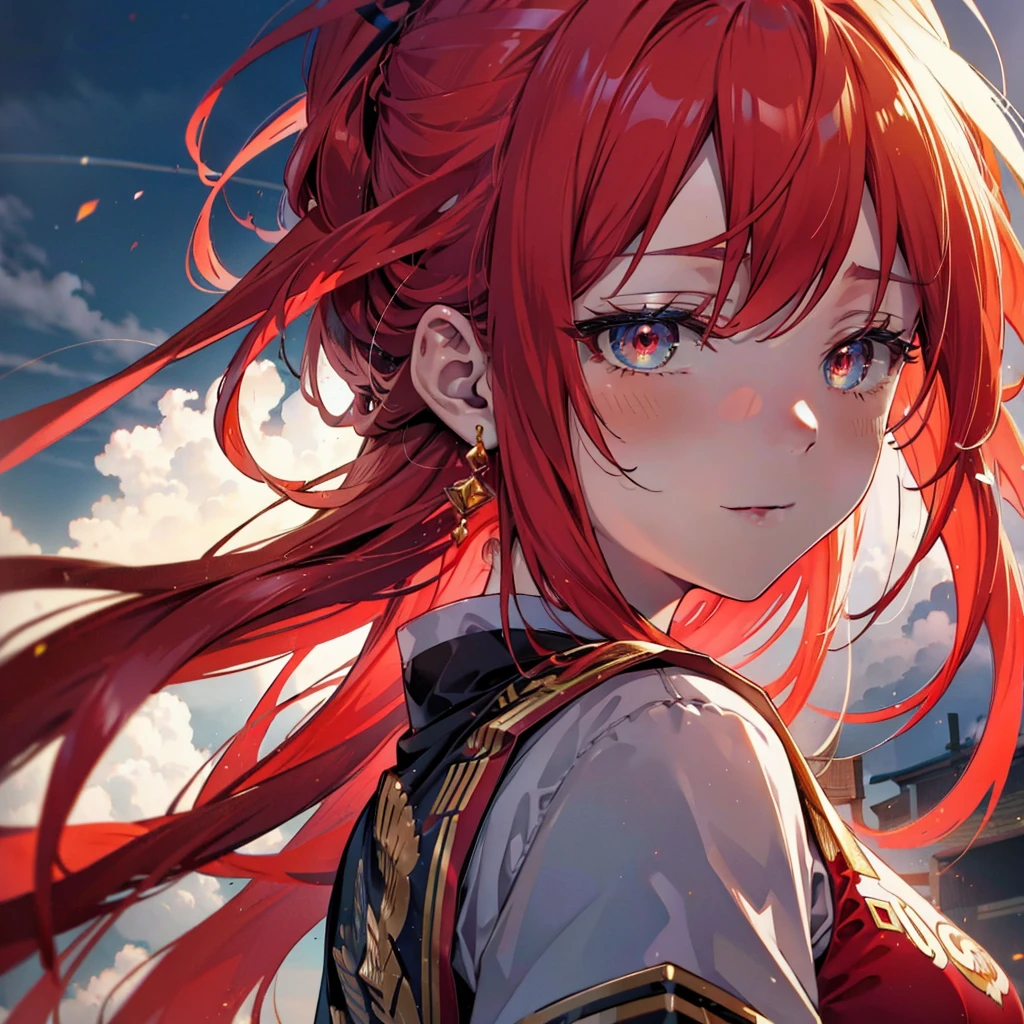 Ryuubedon, eyes RED AND GOLD, wicatalyst, red Hair, red and gold eyes,Long Hair,peitos grandes, happy smile, smile, Open your mouth, Oversized black y-shirt,Big Breasts,black skinny pants,Stiletto heels,morning,morning陽,The sun is rising,walking,whole bodyがイラストに入るように,Looking up from below,
break looking at viewer,whole body,
break outdoors, In town,
break (masterpiece:1.2), highest quality, High resolution, unity 8k wallpaper, (figure:0.8), (Beautiful fine details:1.6), Highly detailed face, Perfect lighting, Highly detailed CG, (Perfect hands, Perfect Anatomy),