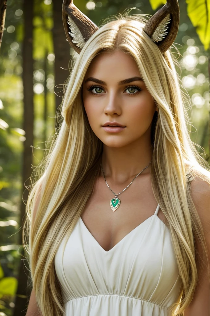 Hyper realistic face of a 20-year-old girl. Very long, straight blonde hair waving in the wind. White and radiant skin. Tender yellow eyes. long and thick eyelashes. Thick blonde eyebrows. Forest green dress made of leaves with a Celtic symbol necklace around her neck (high quality). Wolf skull mask with deer horns on her forehead. cinematic lighting. magical looking. powerfull looking. full body (extremely detailed)