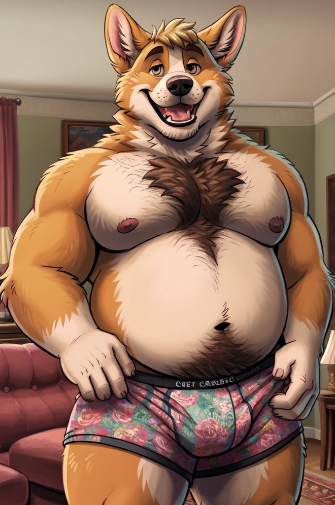 very high res, british corgi, anthro, 4 fingers, middle aged mature male in mid 30's, chubby, chubby anthro, chubby male, tail, standing in very realistic very detailed very accurate living room of very realistic very detailed very accurate suburban british mansion, very realistic very detailed very accurate blurred background, by dramamine, by nanoff, by minedoo, by dream_and_nightmare, by horrorbuns, slightly fluffy detailed multi tone corgi fur, full body view, detailed corgi fur pattern colors and markings, very calm relaxed face, smiling, smiling at viewer, very calm relaxed happy pose, frontal view, fully front facing view, british, fancy, posh, short very fat and chubby very sexy stocky body, dad bod, daddy, dilf, looking directly at viewer, open mouth, showing teeth, realistic very detailed medium sized nipples nipple tips and areolas, open eyes, detailed pupils, summer, nude male, very high quality, masterpiece, perked up ears, slightly hairy body, facing viewer, without text, indoors, closeup, detailed medium sized moobs, detailed small belly, belly overhang, very tough and manly, bottomwear, wearing detailed plain boxer breifs, very realistic perfect body proportions, perfect anatomy, detailed dog teeth, detailed deep navel, detailed very short corgi hair, very short very tough and manly mature hairstyle, morning, very realistic very detailed very accurate living room furniture, detailed long light chest and belly hair, detailed long light happy trail,