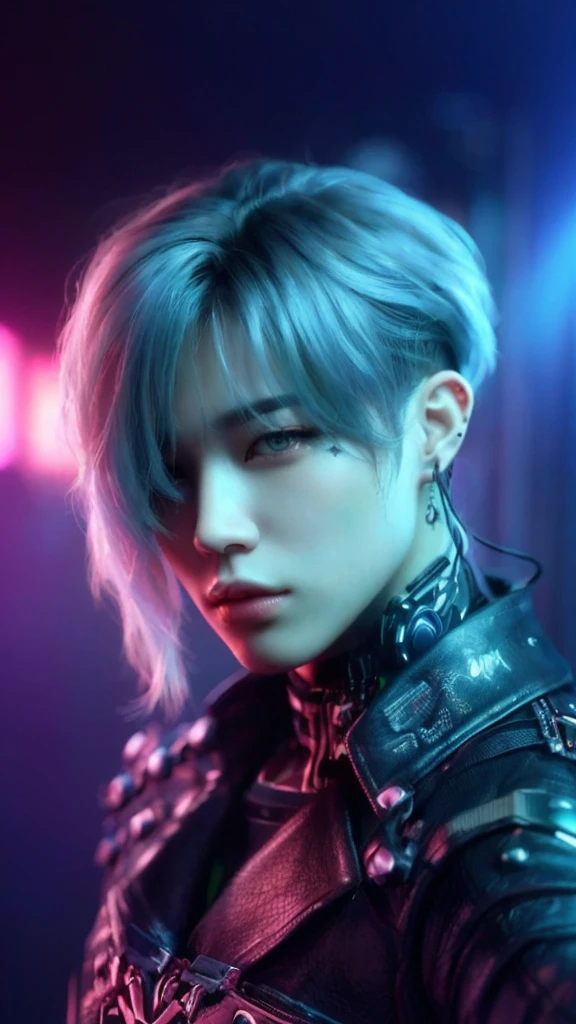 a close up of a person with a leather jacket and gloves, Park Jimin, 8k artgerm bokeh, hyper-realistic cyberpunk style, inspired by Jimin, digital cyberpunk anime art, cyberpunk style , hyperrealistic, artwork in the style of jimin, xqc, 8k portrait render, beautiful androgynous prince