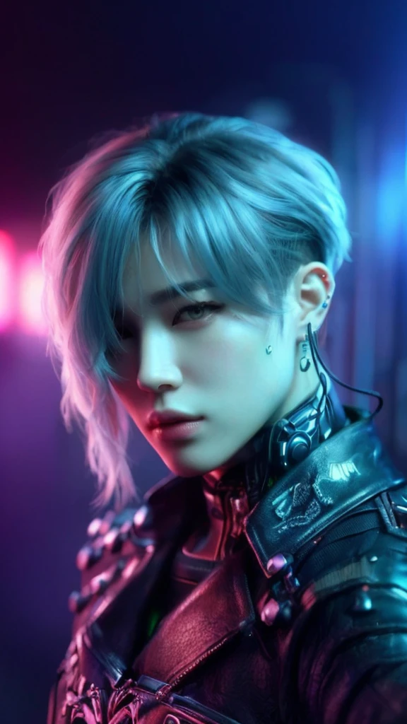 a close up of a person with a leather jacket and gloves, Park Jimin, 8k artgerm bokeh, hyper-realistic cyberpunk style, inspired by Jimin, digital cyberpunk anime art, cyberpunk style ， hyperrealistic, artwork in the style of jimin, xqc, 8k portrait render, beautiful androgynous prince