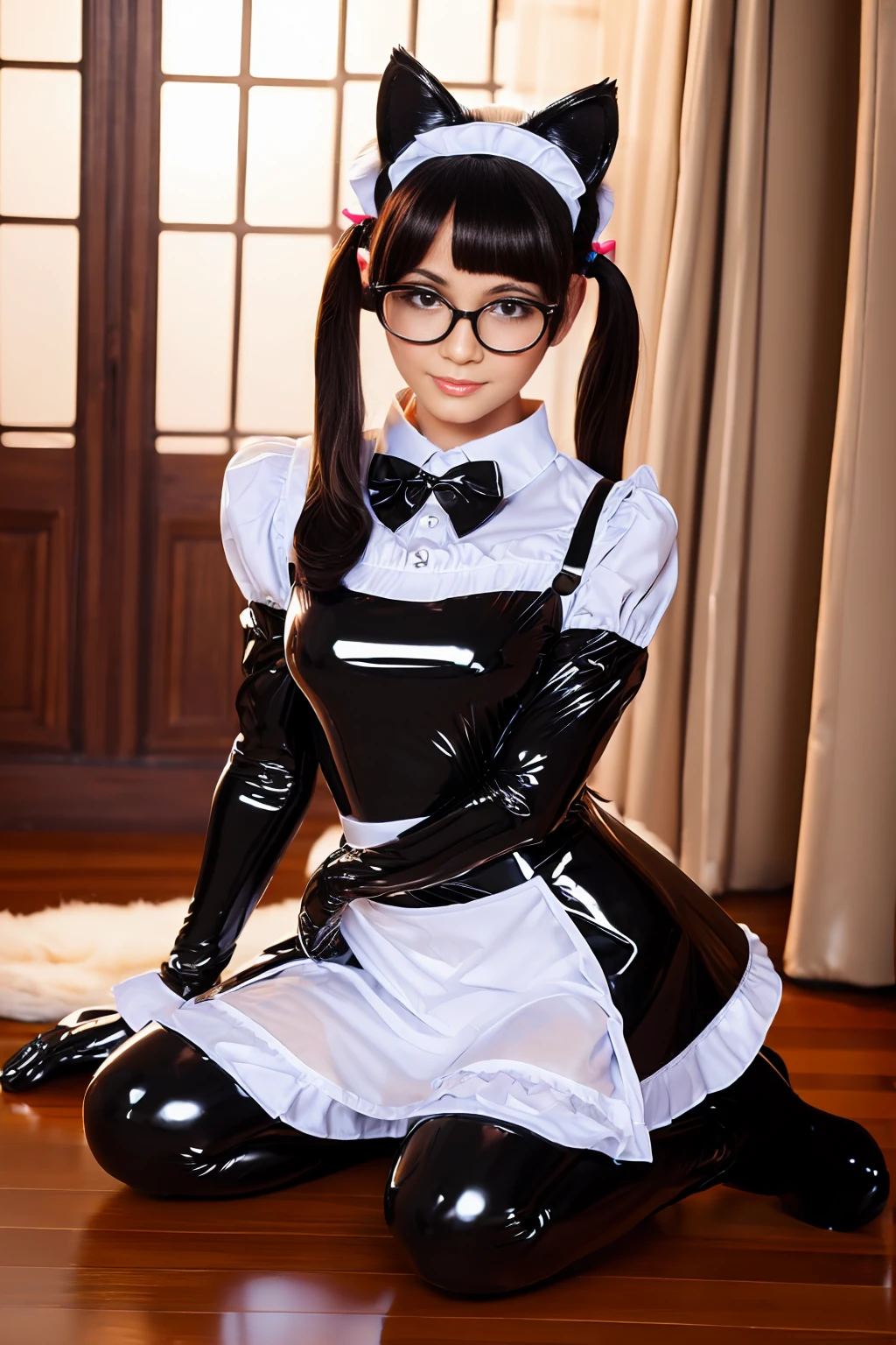 (Best Quality,High resolution:1.2), Ultra-detailed, Realistic portrait, (cloth maid outfit), long black pigtails, (large round black rimmed glasses), (latex stockings), cute face, full body, (large cat ears)