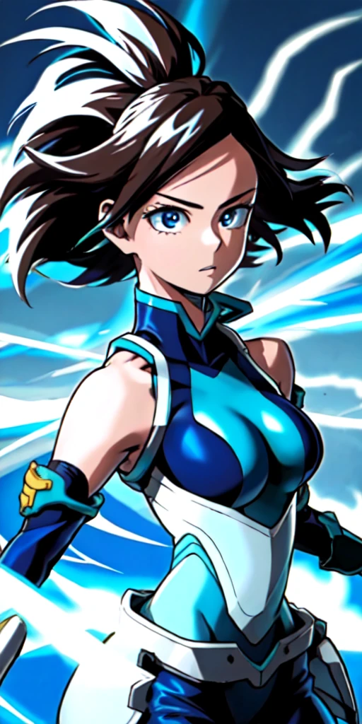 1 girl, hourglass body, body filled in the right parts, normal eye, perfect lighting, dark hair, slickedback hair, long hair, jade eyes, side lighting, face detailed, shining skin, brunette skin, simple background, darkness background, futuristic costume, Bright costume, made from a deep blue metallic material with silver luminous patterns, a fitted and aerodynamic design, standing out for its elegance and sophistication, anime styling, My Hero Academia traits 