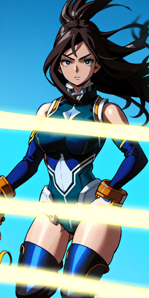 1 girl, hourglass body, body filled in the right parts, normal eye, perfect lighting, dark hair, slickedback hair, long hair, jade eyes, side lighting, face detailed, shining skin, brunette skin, simple background, darkness background, futuristic costume, Bright costume, made from a deep blue metallic material with silver luminous patterns, a fitted and aerodynamic design, standing out for its elegance and sophistication, anime styling, My Hero Academia traits 