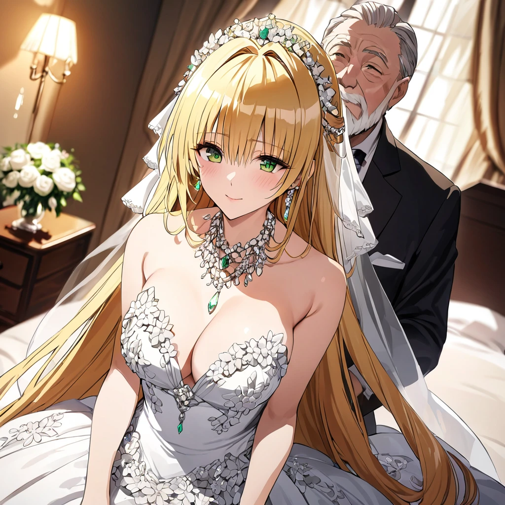 ((Highest quality)), ((masterpiece)), (detailed), （Perfect Face）、The woman is Tiare, has green eyes, medium-long blonde hair, and is wearing an engagement ring.、The woman is wearing a gorgeous, dazzlingly jeweled wedding dress, a wedding veil, a gorgeously jeweled wedding headdress chain, gorgeous jeweled earrings, and other gorgeous, glittering accessories, and is in her marital bedroom with a dignified, bearded, elderly man.、The man is a dignified, bearded old man, very wealthy, dressed in luxurious clothes and wearing an engagement ring.