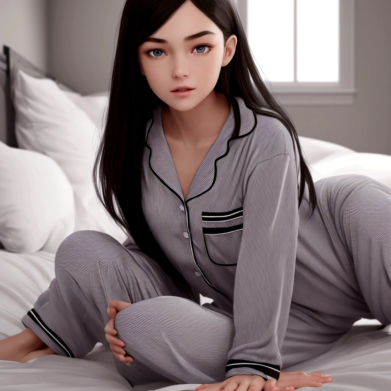 best quality, masterpiece, ultra high res, 8K, raw, (photo realistic:1.4), physically-based rendering, depth of field, looking at viewers, slender, (sitting:1.1), in the bed room, detailed beautiful face, 1 girl, cute, young, nose blush, big black eyes, open mouth, tiny breasts, black hair, detailed clothes, (pajamas:1.3), no shoes ,pureerosface_v1,