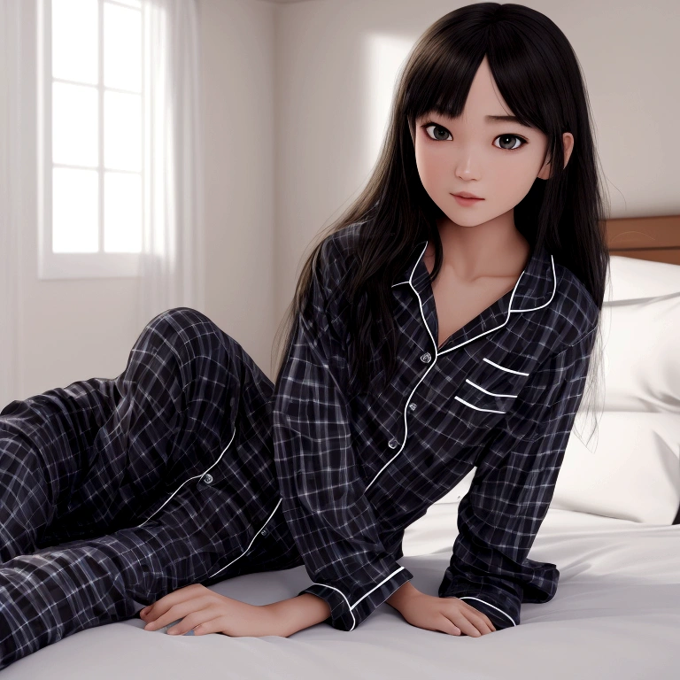 best quality, masterpiece, ultra high res, 8K, raw, (photo realistic:1.4), physically-based rendering, depth of field, looking at viewers, slender, (sitting:1.1), in the bed room, detailed beautiful face, 1 girl, cute, young, nose blush, big black eyes, open mouth, tiny breasts, black hair, detailed clothes, (pajamas:1.3), no shoes ,pureerosface_v1,