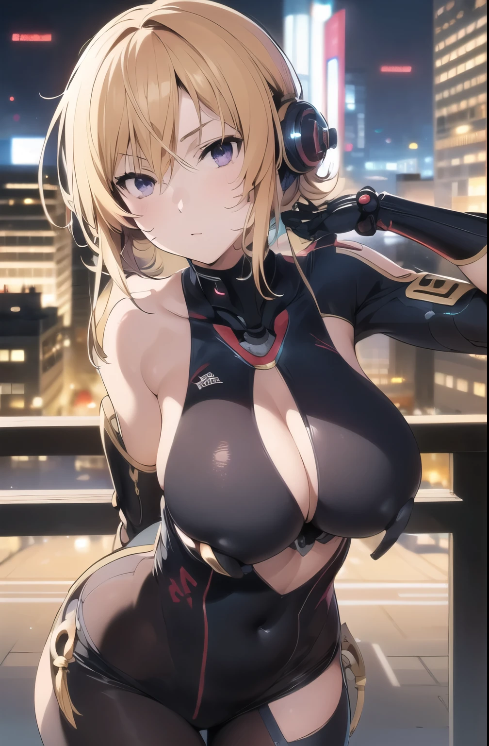 Girl posing in front of a city., cyberpunk oppai, anime rudo 8k, biomechanical OPPAI, best anime wallpaper 4k konachan, oppai, seductive anime girl, android heroine, naughty anime girl, female action anime girl, warhammer 40k, female cyberpunk anime girl, blonde hair, violet eyes