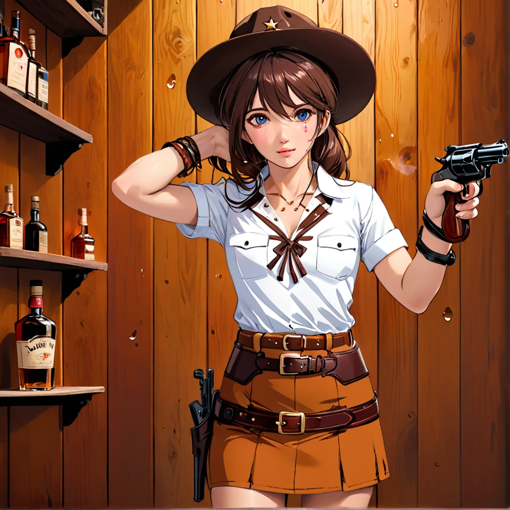 (((1 person:2.0))),(((NSFW:1.5))),(((Short sleeve collared shirt:1.5))),(((Brown mini skirt:1.5)))(((Wear a gun belt with a holster:1.8))),,((Put the watch on your wrist:1.5))),(((Showing cleavage))),(((Exposed thin inner thighs))),(((Small breasts:1.5))),(((Bare arms))),(((Put on your boots:1.5))),((Blushed:1.8)), Beautiful detailed girl, Very detailed目と顔, 緻密でBeautiful Eyes, Very detailed, High resolution, Highest quality, masterpiece, Very detailed, 8k wallpaper, wonderful, finely, Highest quality,(Standing in front of a wooden wall),Beautiful Eyes,((Engage your audience:1.5)),((Cowboy Shot:1.5))),((Front shot:1.2)),((Place your right hand on your chest:1.5)),((Drinking whiskey:1.4)),(((Drunk,Cry:1.8))),(((Are standing:1.2)))