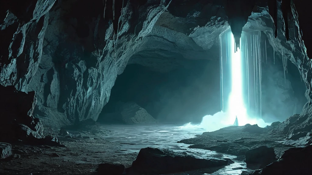 Create an image of a desolate cave where an unclothed body lies, surrounded by the cold and damp darkness. The cave is dimly lit by a flickering torch mounted on the rocky wall, casting long shadows that dance across the rough, uneven floor. Stalactites and stalagmites frame the scene, emphasizing the ancient and secluded nature of the cave.

The body, sprawled on the ground with limbs twisted unnaturally, appears pale and lifeless against the muted hues of the cave's interior. The skin is pallid, highlighting the stark contrast between flesh and the rugged texture of the stone surroundings. Drops of moisture trickle down from the cave ceiling, adding to the somber and melancholic ambiance of the scene.

This image prompts viewers to ponder the unsettling discovery of the unclothed body in such a remote and inhospitable environment, inviting speculation about the circumstances leading to this mysterious and haunting tableau.