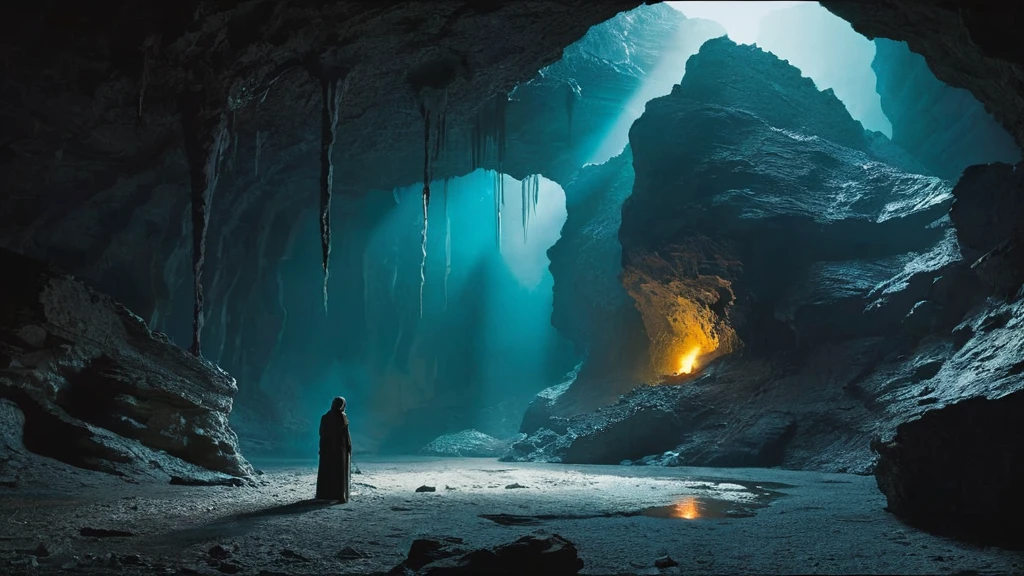 Create an image of a desolate cave where an unclothed body lies, surrounded by the cold and damp darkness. The cave is dimly lit by a flickering torch mounted on the rocky wall, casting long shadows that dance across the rough, uneven floor. Stalactites and stalagmites frame the scene, emphasizing the ancient and secluded nature of the cave.

The body, sprawled on the ground with limbs twisted unnaturally, appears pale and lifeless against the muted hues of the cave's interior. The skin is pallid, highlighting the stark contrast between flesh and the rugged texture of the stone surroundings. Drops of moisture trickle down from the cave ceiling, adding to the somber and melancholic ambiance of the scene.

This image prompts viewers to ponder the unsettling discovery of the unclothed body in such a remote and inhospitable environment, inviting speculation about the circumstances leading to this mysterious and haunting tableau.