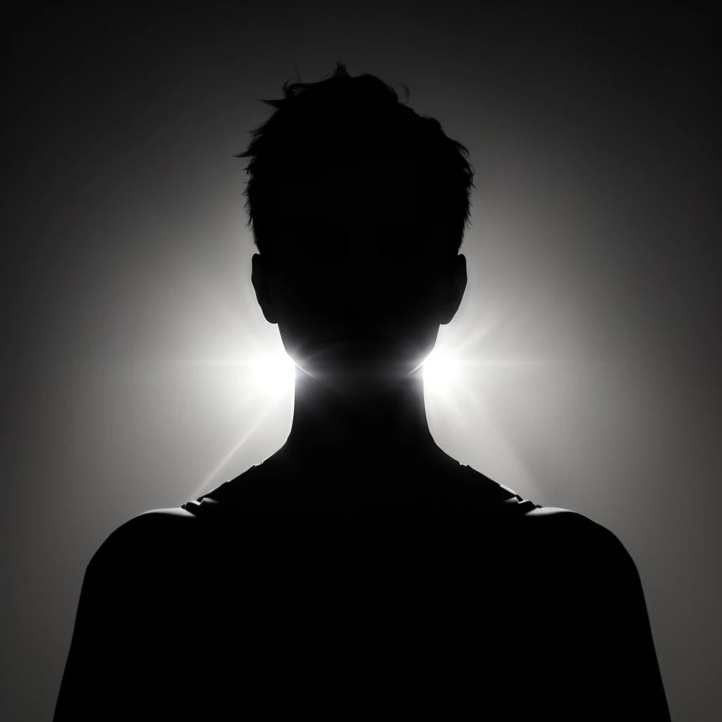 arafed silhouette of a person with a light shining through their head, spotlight in middle of face, backlit face, face is brightly lit, silhouette of a man, silhouette of man, spotlight from face, face illuminated, eerie person silhouette, backlit portrait, shadowed face, fractal human silhouette, human silhouette, lights beaming out of eyes