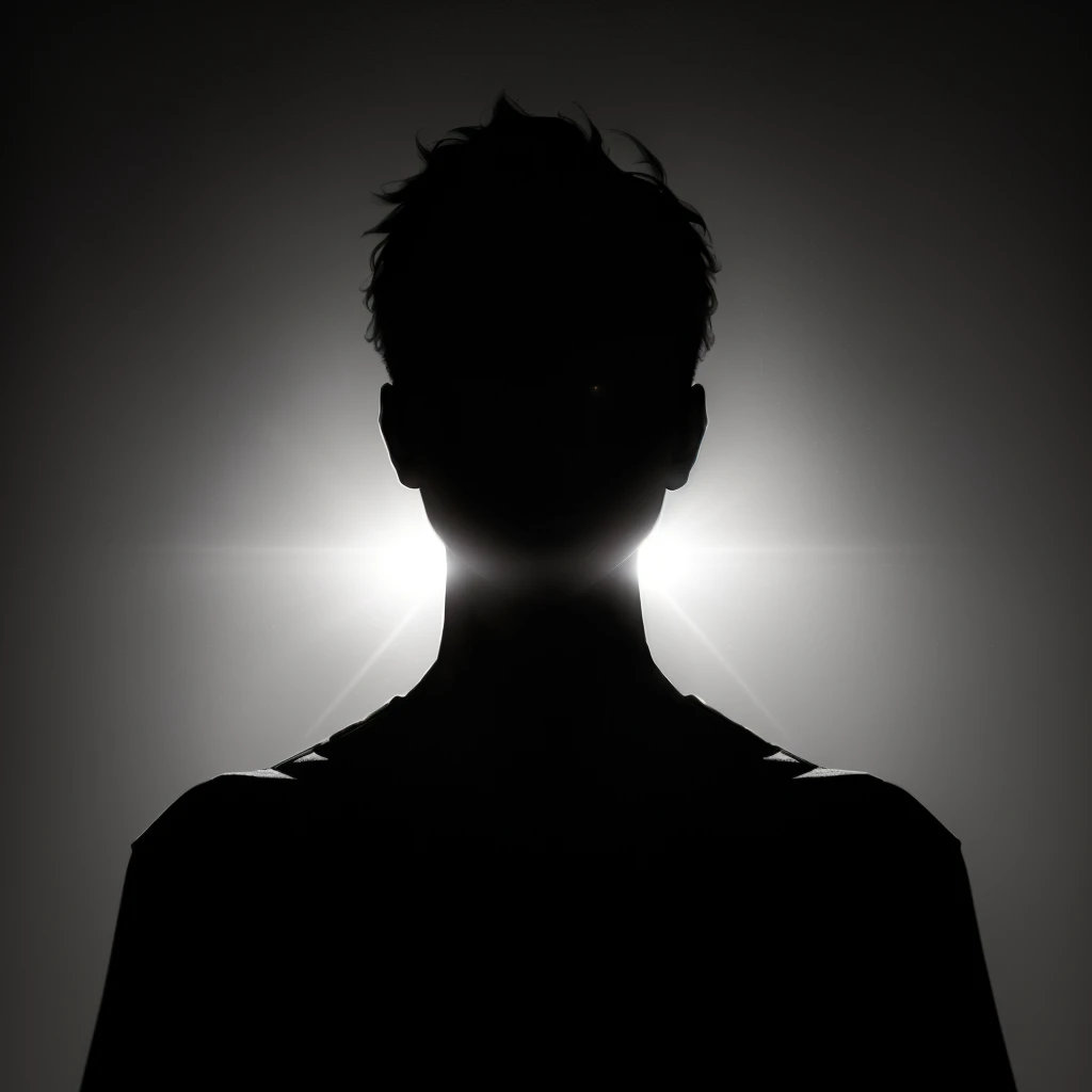 arafed silhouette of a person with a light shining through their head, spotlight in middle of face, backlit face, face is brightly lit, silhouette of a man, silhouette of man, spotlight from face, face illuminated, eerie person silhouette, backlit portrait, shadowed face, fractal human silhouette, human silhouette, lights beaming out of eyes