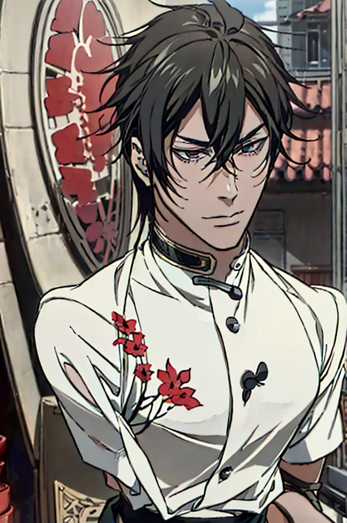 ((Artwork)), ((4K)), ((Anime style)), ((Detailed)), 1 man, dark skin, mullet hair, big nose, monolith eyes, medium lip, nose piercing , muscular body, has an oriental tattoo on his left arm, black sleeveless shirt, loose white pants with several pockets, hands in pockets, serious look, looking at the viewer, dynamic screen, city scene at night.