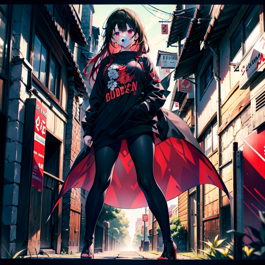 Ryuubedon, eyes RED AND GOLD, wicatalyst, red Hair, red and gold eyes,Long Hair,peitos grandes, happy smile, smile, Open your mouth, Oversized black y-shirt,Big Breasts,black skinny pants,Stiletto heels,morning,morning陽,The sun is rising,walking,whole bodyがイラストに入るように,Looking up from below,
break looking at viewer,whole body,
break outdoors, In town,
break (masterpiece:1.2), highest quality, High resolution, unity 8k wallpaper, (figure:0.8), (Beautiful fine details:1.6), Highly detailed face, Perfect lighting, Highly detailed CG, (Perfect hands, Perfect Anatomy),
