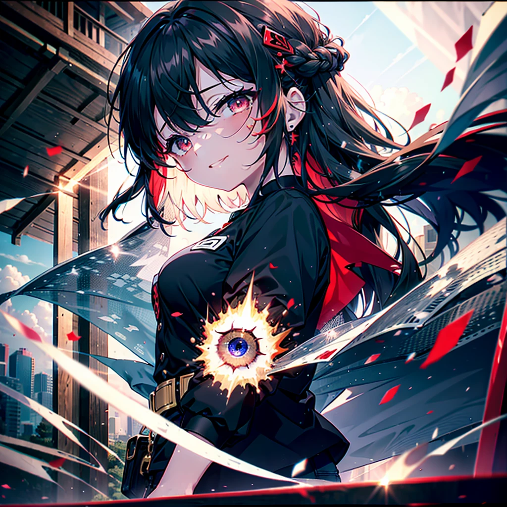 Ryuubedon, eyes RED AND GOLD, wicatalyst, red Hair, red and gold eyes,Long Hair,peitos grandes, happy smile, smile, Open your mouth, Oversized black y-shirt,Big Breasts,black skinny pants,Stiletto heels,morning,morning陽,The sun is rising,walking,whole bodyがイラストに入るように,Looking up from below,
break looking at viewer,whole body,
break outdoors, In town,
break (masterpiece:1.2), highest quality, High resolution, unity 8k wallpaper, (figure:0.8), (Beautiful fine details:1.6), Highly detailed face, Perfect lighting, Highly detailed CG, (Perfect hands, Perfect ???????),