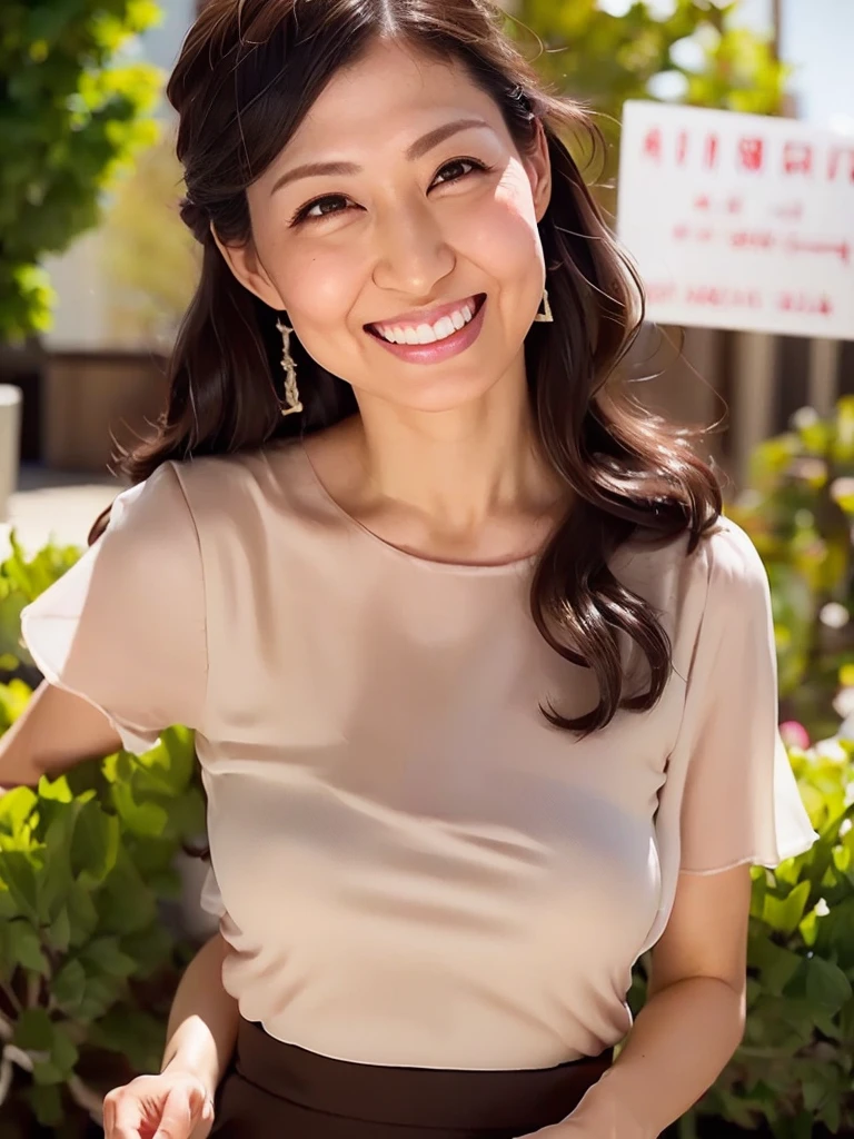 ((Highest quality, 8K, Ultra-high resolution)), ((masterpiece: 1.3)), (Perfect appearance), (Photorealism: 1.6), (JMA), (SH), (Portrait of a mature Japanese woman), (Blurred Background: 1.8), (sunny day in a park), (Woman standing in the shade), ((Look here)), ((Realistic skin texture)), (Fine wrinkles appear all over the skin, Dullness, Unmoisturized skin, Wrinkles around the eyes, double eyelid, Lower eyelid tear sulcus, Crying Mole, Dimples), Slightly parted lips, Smiling Kindly, (Medium Wave Hairstyle), (Wide neckline fitted blouse: 1.2), (Lightweight fabric blouse), (Voluptuous body), (Large Breasts), (Tight long skirt),
