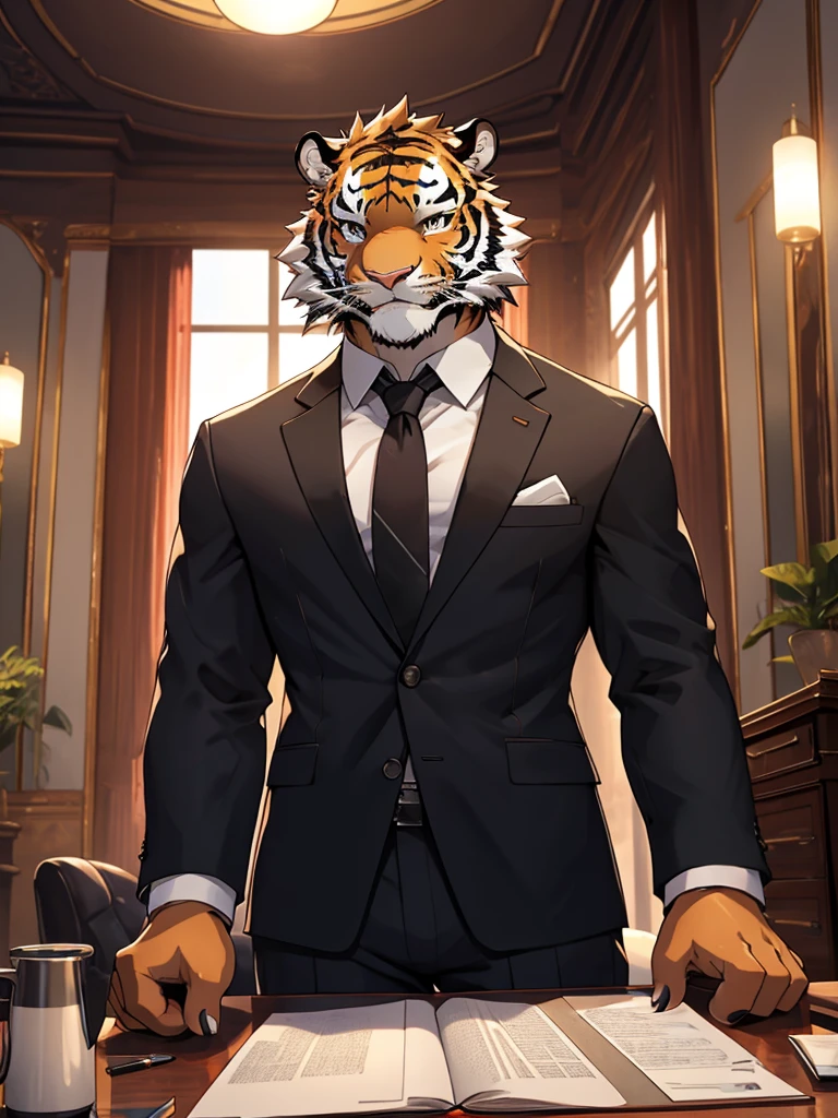 (masterpiece, best quality, super detailed, advanced details, highest quality, high resolution, 8K) tiger furry with a classic business suit