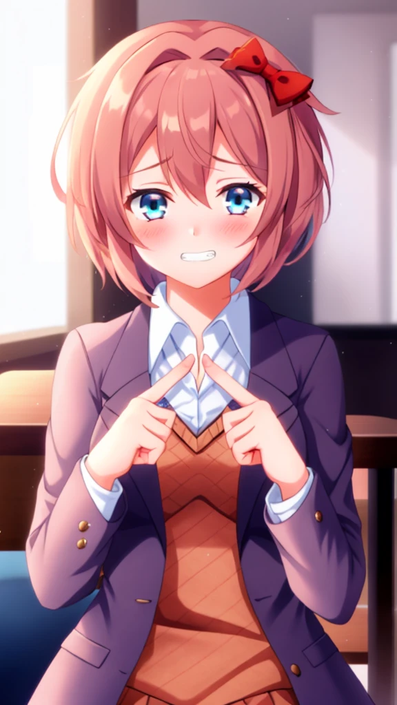 one girl, Sayori, DDLC, Doki Doki Literature Club, hair bow, school blazer, light blue eyes, index fingers together, shy, blush, smile awkwardly, feel sorry, Ehehe~, teeth, shifty eyes, girl don't look at me, girl is clumsy and make a mistake