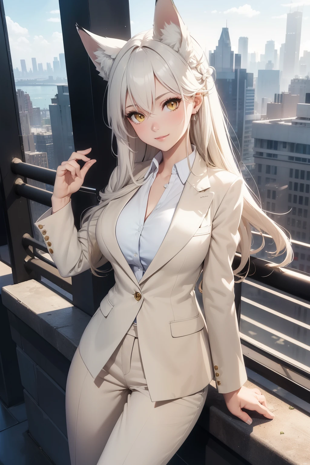 (best quality, 4k, 8k, highres, masterpiece:1.2), ultra-detailed, detailed face, detailed lips and eyes, attractive appearance, expressive face, realistic,
BLARKY beautiful caucasian woman with very long straight white hair,
(yellow eyes:1.3),
long eyelashes,
expressive face,
attractive appearance,
bangs,
blush, smile, charming smile,
extra ears,
fox ears,
fox girl,
fox tail,
hair between eyes,
(large breasts:1.3),
(age 19 years:1.3),
(height 162 cm:1.3),
BREAK ((springtime street chic) theme:1.4), (light beige linen blazer paired with cropped trousers and a white cotton blouse:1.3), (complemented with minimalist white stilettos and a sleek silver watch:1.2),
BREAK
corporate environment, new york city, cityscape, rooftop, outside, roof garden, (fish eye effect:0.8), lens flare,
BREAK
smile, good smile, airy hair, flowing hair, windy hair, wind,