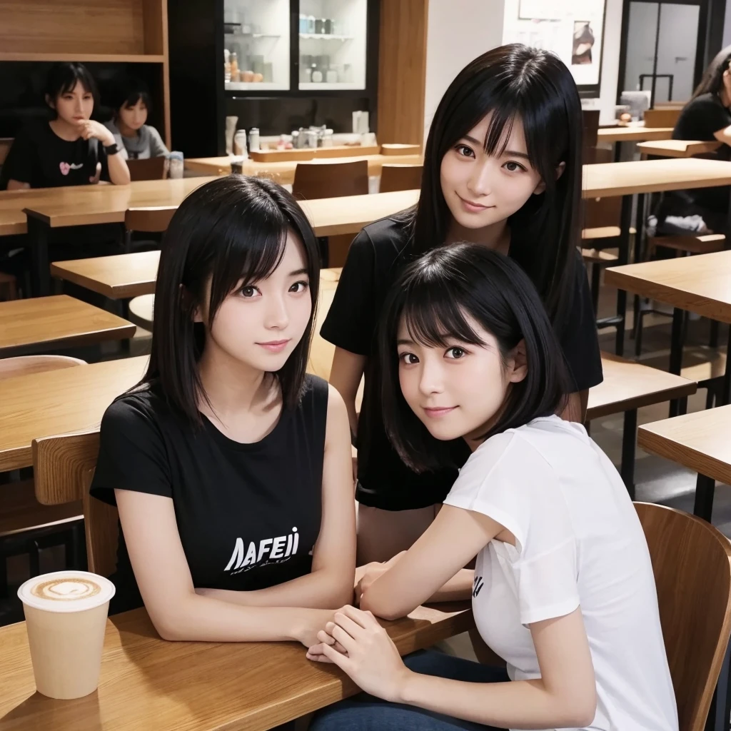 Japanese women、20th Generation、Medium hair with black hair、Cafe table seating、Face-to-face angles、Black T-shirt、My breasts are a little large、valley、1 person