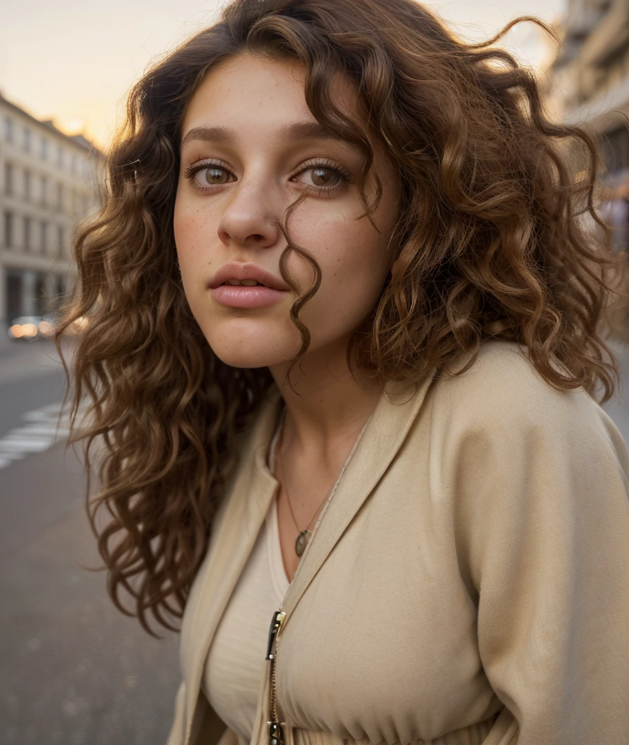 A photorealistic portrait of a young European female model with big, curly brown hair, wearing fashionable street clothes, shown in a mid-shot capturing her confident stance, 6k resolution, intricate details on her hair texture and clothing, set against a urban street backdrop with a mix of modern and classical architecture, highlighted by soft evening sunset lighting.