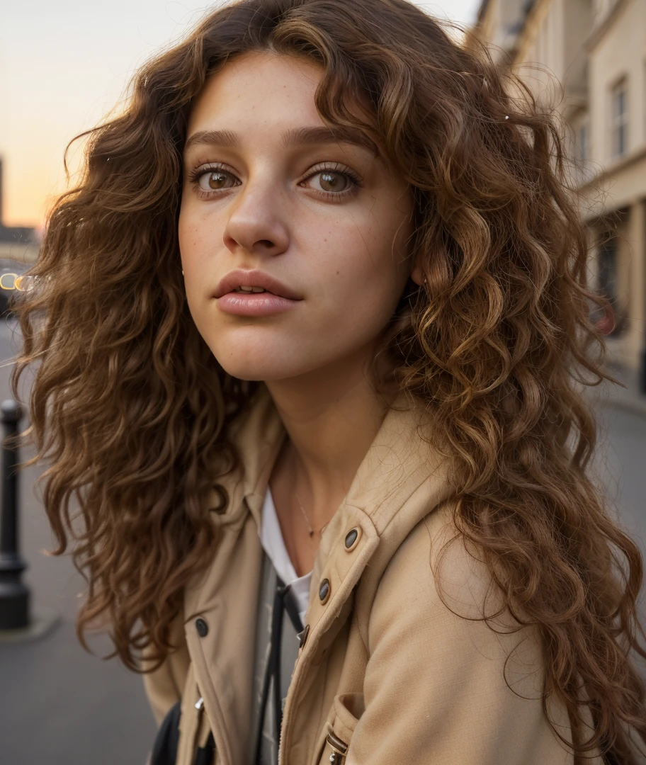 A photorealistic portrait of a young European female model with big, curly brown hair, wearing fashionable street clothes, shown in a mid-shot capturing her confident stance, 6k resolution, intricate details on her hair texture and clothing, set against a urban street backdrop with a mix of modern and classical architecture, highlighted by soft evening sunset lighting.