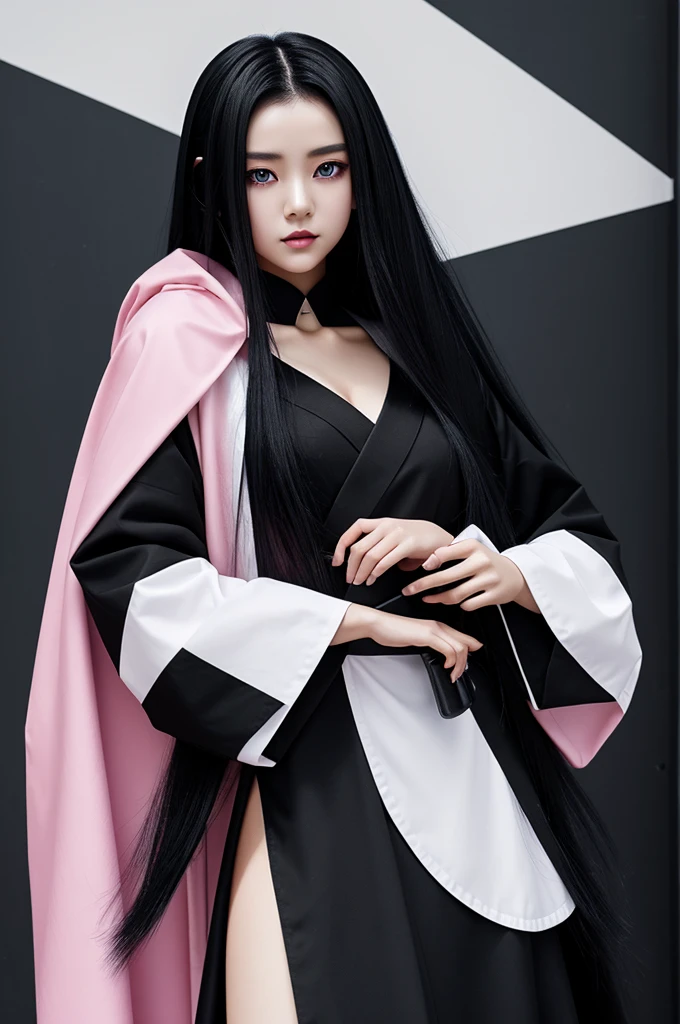 Checkpoint demon slayer, girl, long black hair with white at the tips, different color eyes, pink lips, dark blue haori with black gradient, good double, low-cut uniform