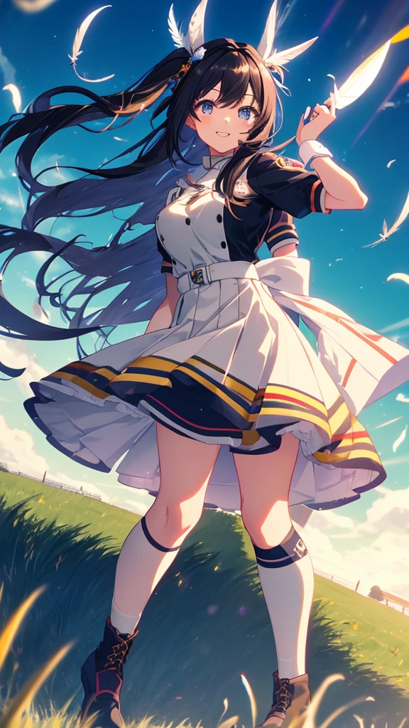 best quality, extremely detailed, anime style adult 1girl, long hair down to the waist, straight hair, ((dark black hair with bluish)),crown braid,beautiful detailed eyes, pinched eyes, dark blue eyes, huge breasts,curvy,(((jockey's racing uniform))),longskirt,((feather and colorful accessory)),((foppery shoes)),((((light smile)))),((((grassland)))),animation cap,animated gif,in umamusume style