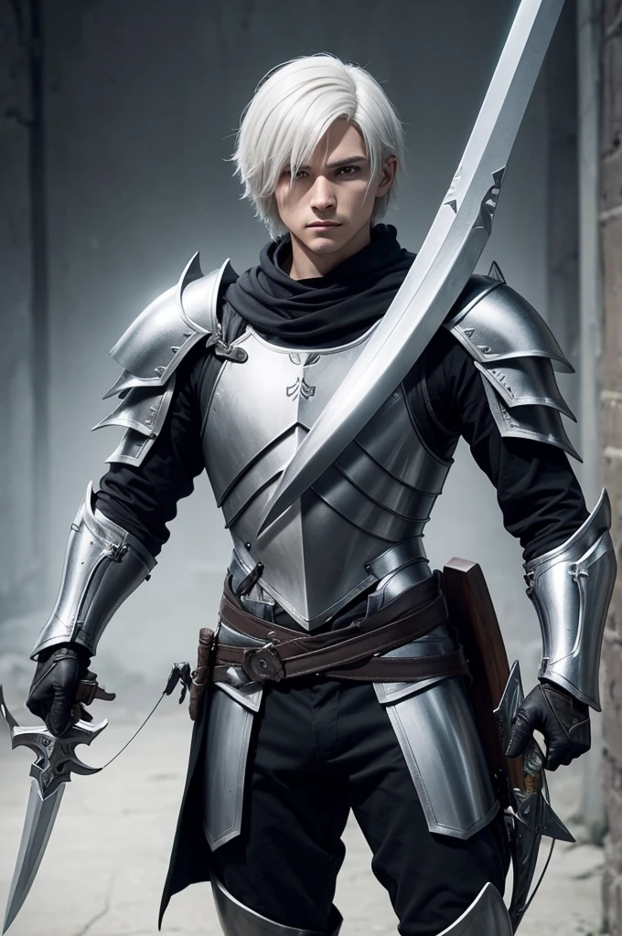A hunter paladin with short white hair and a silver longsword and a crossbow in his left hand and armor with black clothes 