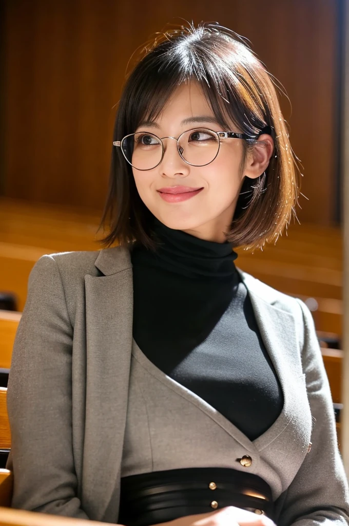 The charm of a sexy adult woman、University lecture hall, university psychology associate professor, ((full body)), ((photo)), ((best qualtiy, 8K, tmasterpiece:1.3)), Focus:1.2, perfect figure beautiful woman:1.41woman, cowboy shot, look at viewer, eyes facing the camera, incredibly absurd, beautiful and cute woman with a photorealistic face, showcasing top-quality craftsmanship, A Japanese woman giving a lecture at a university lecture hall, 27 years old, with a bob cut and flipped hair, short bangs swept at an angle, smooth and shiny hair, natural hairline, fair and smooth skin, plump and healthy cheeks, large, jet black eyes, round eyes, long and upward-facing eyelashes, double eyelids, thin and straight eyebrows, small and round nose, plump lips, upturned corners of the mouth, charming smile, cute face, glamorous, well-balanced proportions, tall, beautiful D-cup breasts, silver-rimmed glasses, pink blouse, black tight skirt, fashion with a waist-marked silhouette, scarf, heeled shoes, vanilla perfume, beautiful, pretty older woman, glasses suit her, knowledgeable, playful, curious, smart, elegant, November