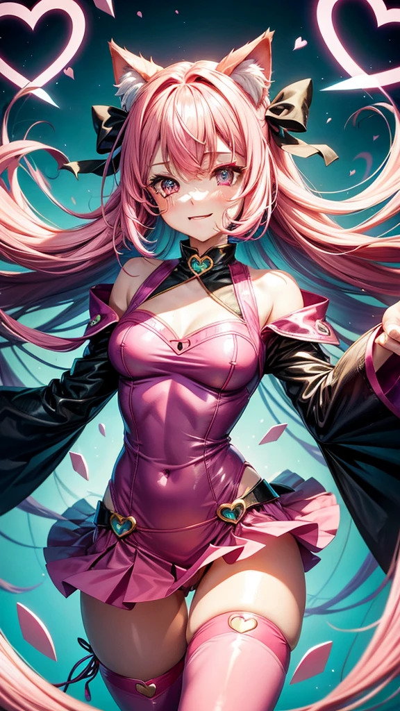 Bright pink hair, pink eyes, woman, teal blue gold clothes, hair bows, happy face, , cat ears, hearts, floating hearts, thigh up, thigh high tights, long hair